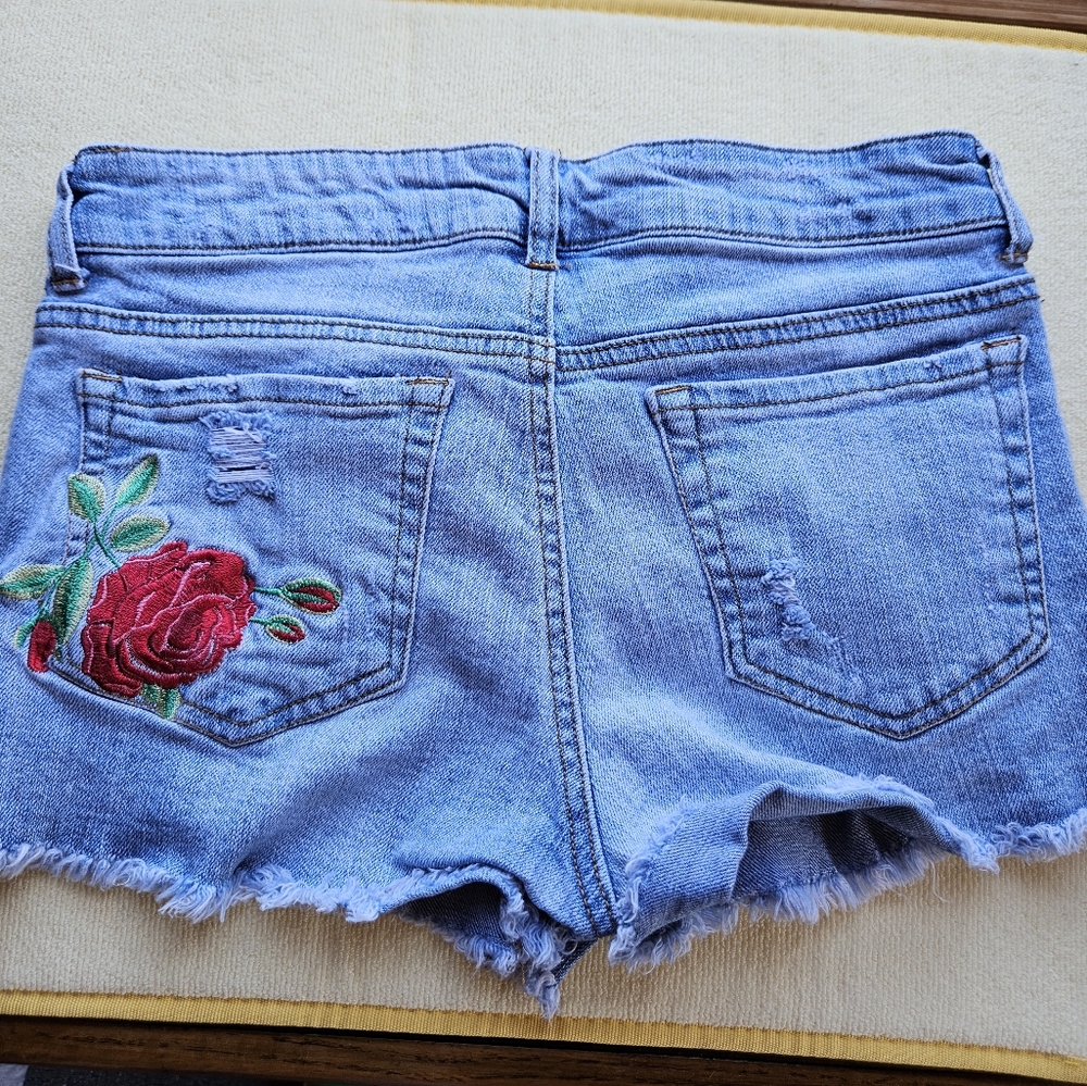 Eunina Light Blue Jean Shorts with Red Rose Embroidery